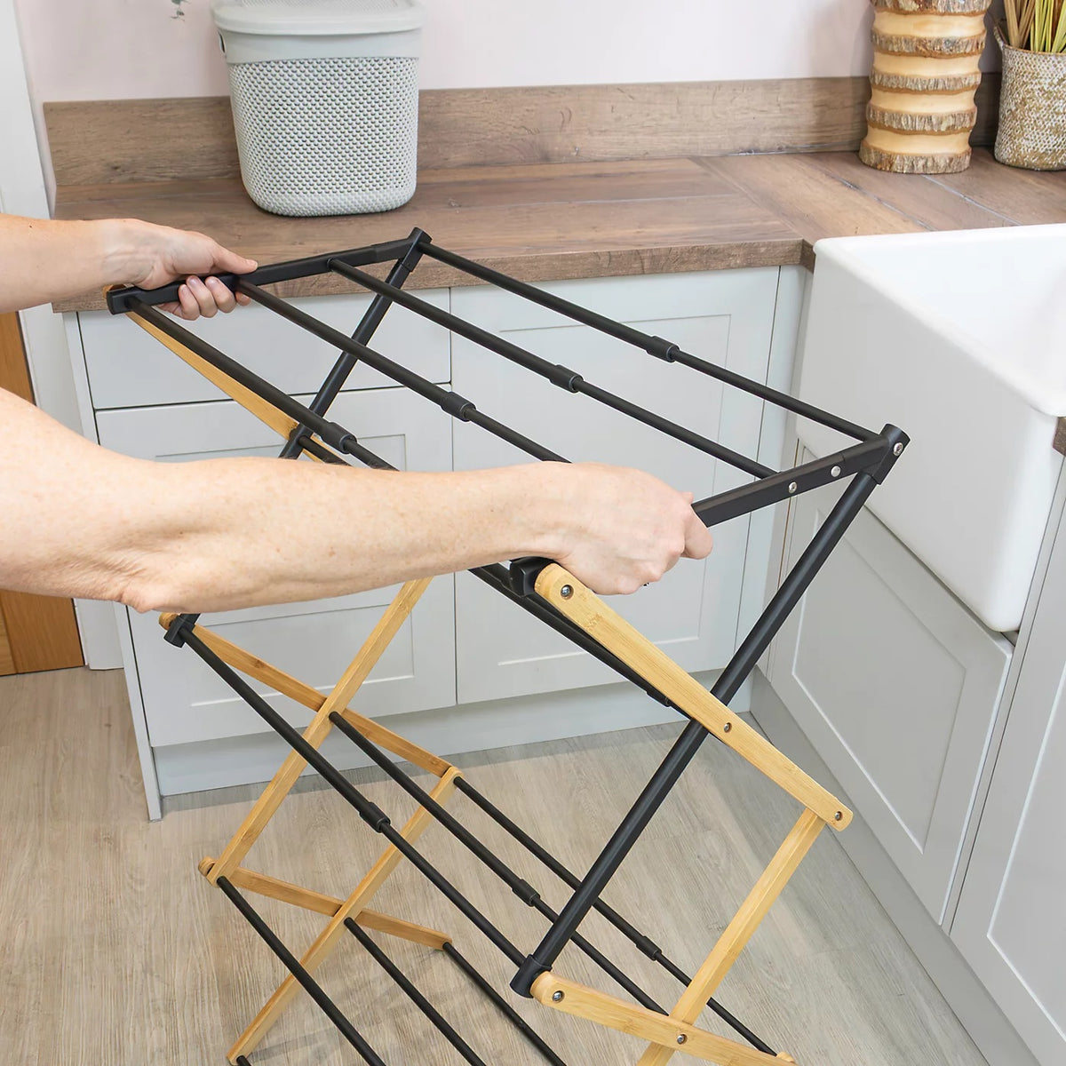 JVL Bamboo Extendable 3 Tier Clothes Drying Rack H107 x W43-74.5cm x D37cm Brown and Black 11-076 | Compact Foldable Airer | With 8Mtr Drying Space | Stylish Bamboo Frame | Adjustable Concertina Ladder Design | For Indoor and Outdoor Use | Durable and