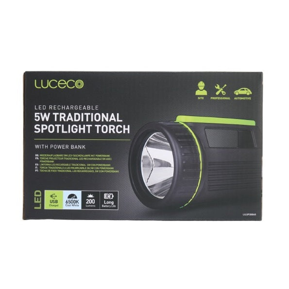 Luceco LED Rechargeable Traditional Spotlight Torch with Power Bank Black and Green LILSP20G65-01 | Output-5W | 200 Lumens | 6500K Cool White | USB Charging |Long Battery Life | Ideal for Site-Professional and Automotive Use | Modes - High-Low-Off