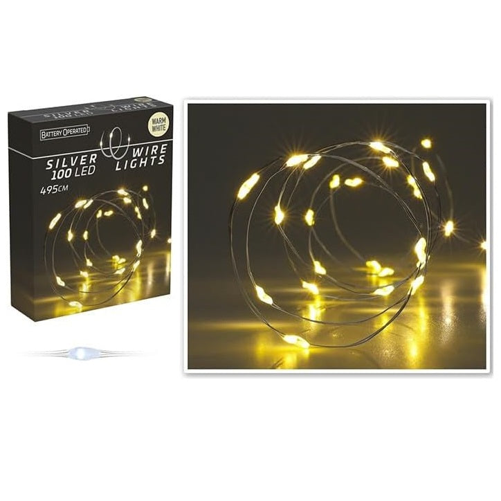 Battery Operated Silver Wire 100 LED Lights Warm White 495cm AX9731440