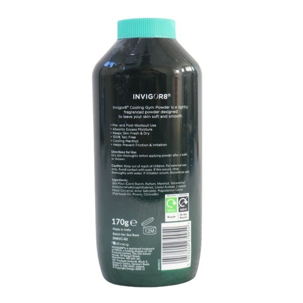 Invigor8 Cooling Gym Powder for Men Multicoloured 170g INV012 | Menthol-Bergamot and Cedarwood | Helps Prevent Friction and Irritation | Absorbs Excess Moisture | For Pre and Post Workout | 100 Percent Talc Free | With Cooling Menthol | Keeps Skin Fresh