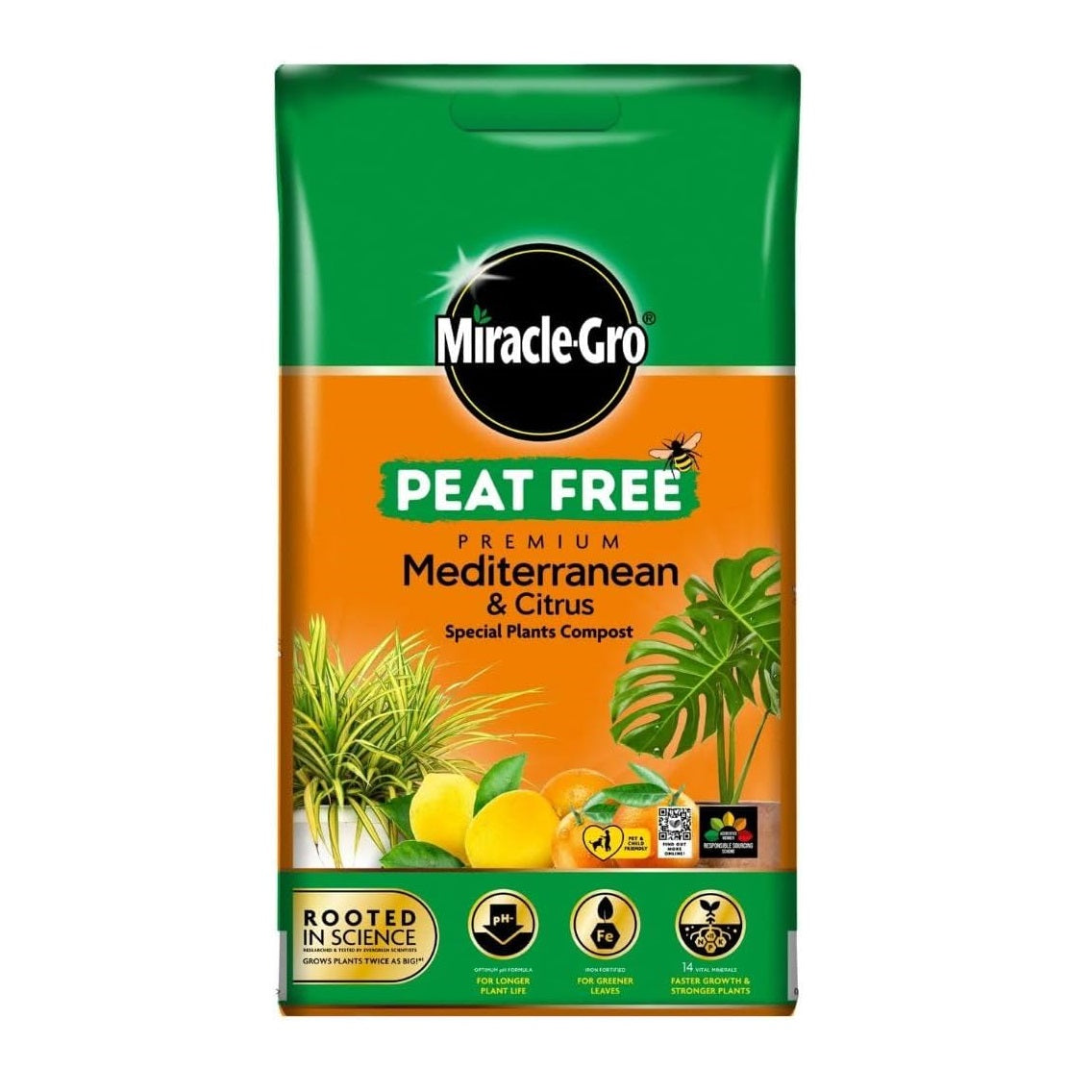Miracle-Gro Peat Free Premium Mediterranean and Citrus Compost Brown 10Ltr 121463 | Special Plant Compost | For Mediterranean Plants | Iron Fortified | pH Optimised | 14 Vital Minerals | For Longer Plant Life | For Greener Leaves | Faster Growth and Stronger Plants | use in Pots-Containers and Hanging Baskets