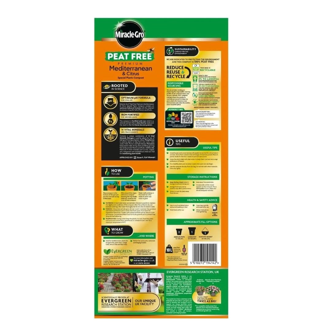 Miracle-Gro Peat Free Premium Mediterranean and Citrus Compost Brown 10Ltr 121463 | Special Plant Compost | For Mediterranean Plants | Iron Fortified | pH Optimised | 14 Vital Minerals | For Longer Plant Life | For Greener Leaves | Faster Growth and