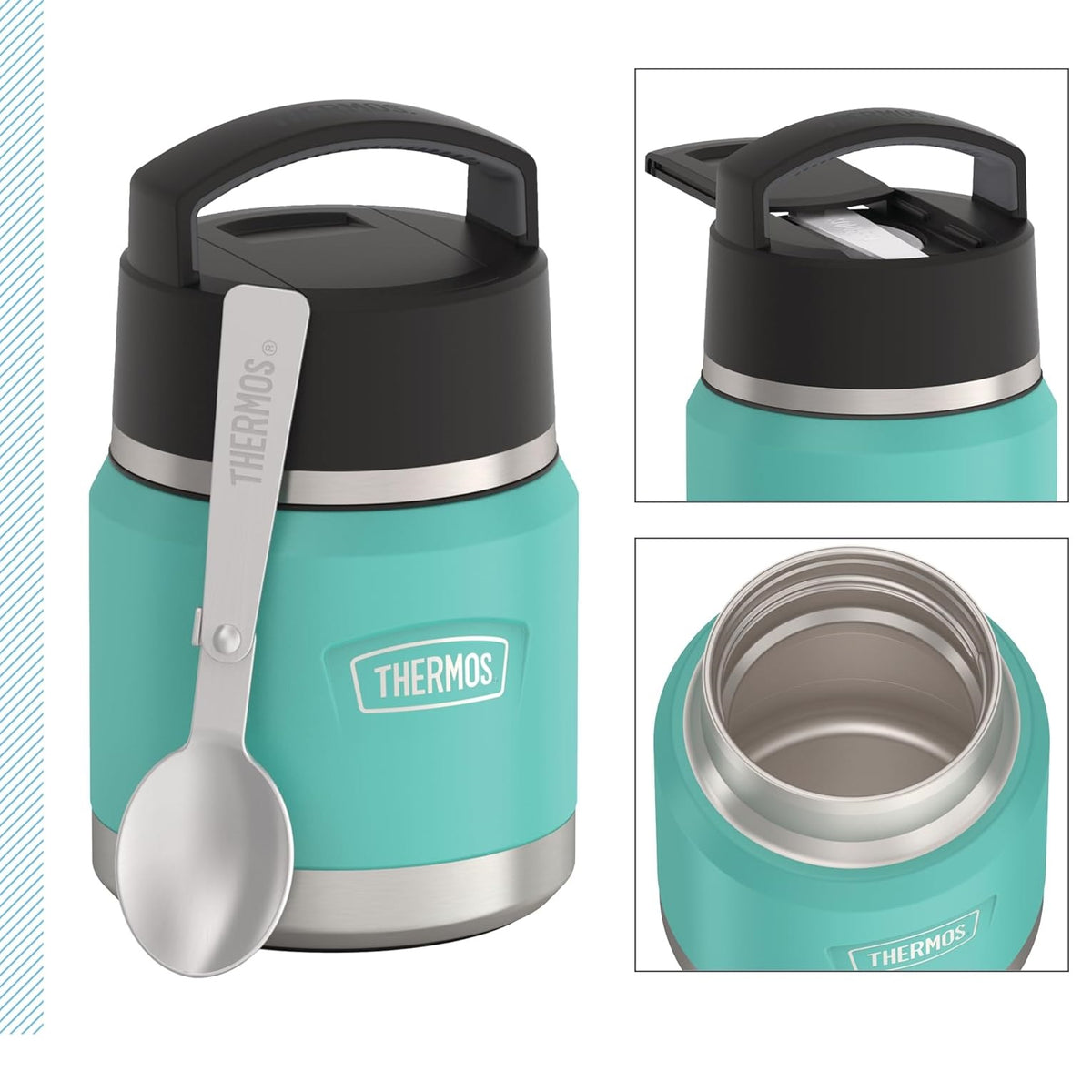 Thermos Icon Series Food Flask with Carry Handle Aqua Blue 355ml 249671 | Includes Stainless Steel Spoon | Vacuum Insulated Stainless Steel | 8-Hrs Hot and 18-Hrs Cold | Leakproof | Durable and Portable | Non-slip Base | Pressure Relief Stopper