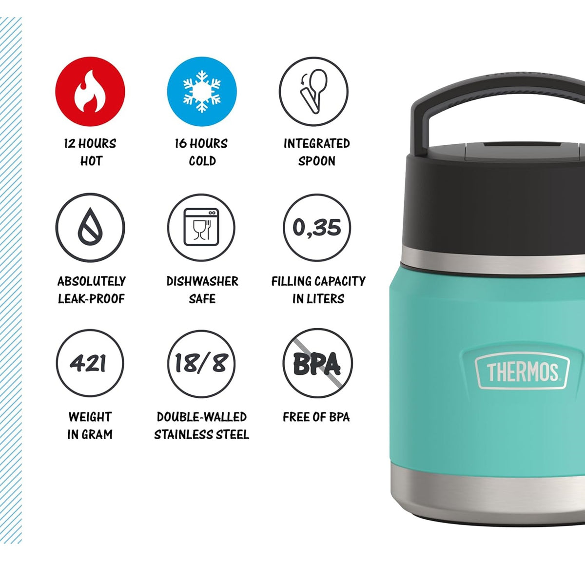 Thermos Icon Series Food Flask with Carry Handle Aqua Blue 355ml 249671 | Includes Stainless Steel Spoon | Vacuum Insulated Stainless Steel | 8-Hrs Hot and 18-Hrs Cold | Leakproof | Durable and Portable | Non-slip Base | Pressure Relief Stopper
