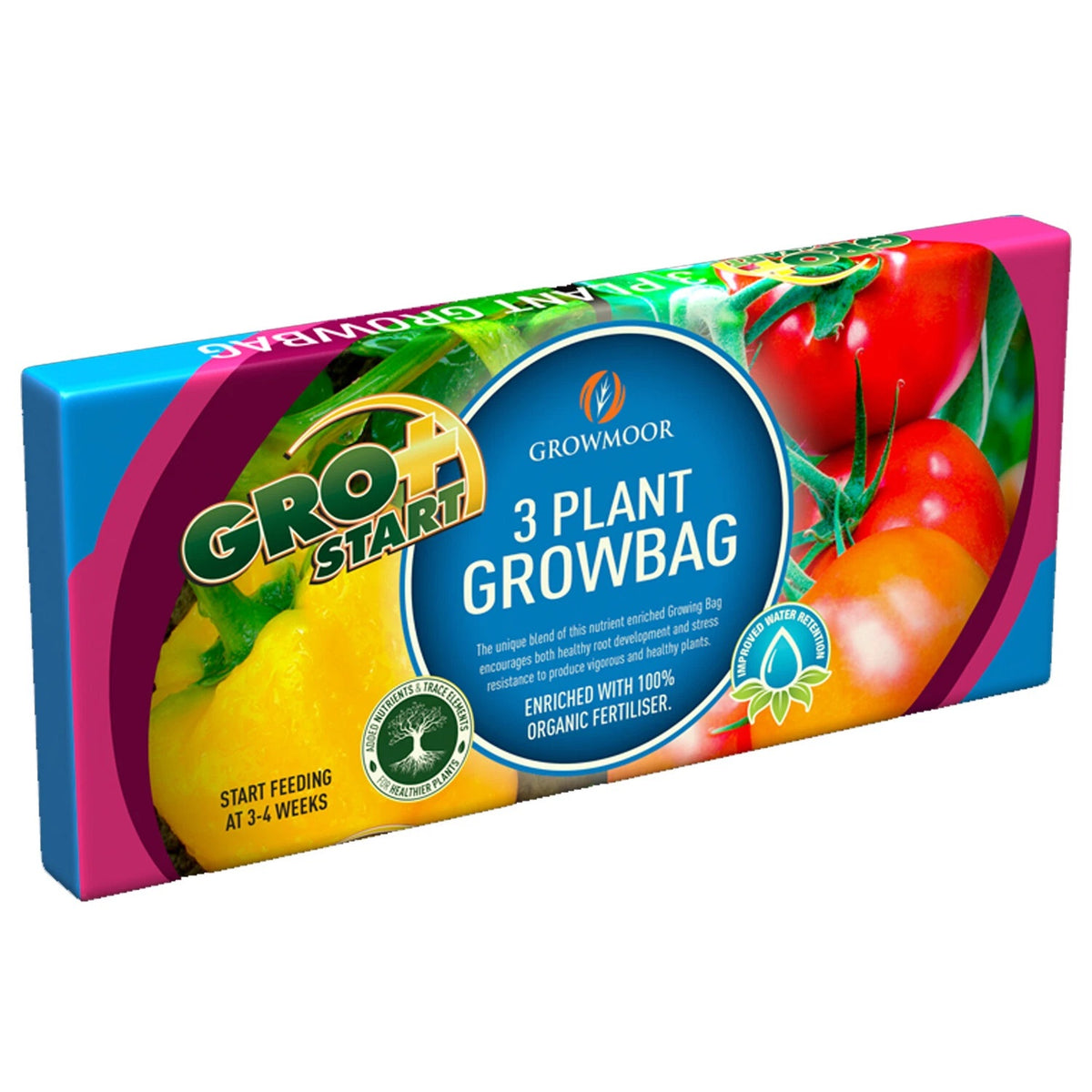 Growmoor 3 Plant Growbag Multicoloured 24Ltr GRO3BG | Gro Start Nutrient Enriched Compost | 100 Percent Organic Fertiliser | Ideal for Vegetables-Tomatoes and Herbs | Added Nutrients for Healthy Plants