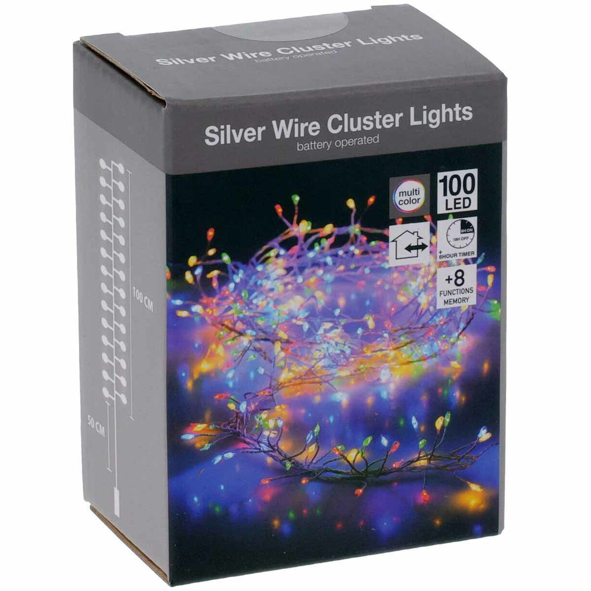 Wire Cluster Lights Silver 100cm AX8720970 | 100 LED | Multicolor Fairy String Lights | Battery Operated | With 6Hr Timer and 8 Functions Memory | Indoor Decorative Lighting | For Christmas-Parties and Home Decor