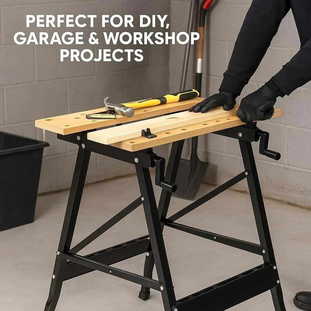 Blackspur Bench n Vice Black 560mm x 100mm x 18mm BNV101 | Foldable Workbench with MDF Top | Durable Steel Frame | Adjustable Swivel Pegs | Dual Clamping Cranks | Anti-Slip Rubber Feet | Compact and Portable Work Table | With Handy on the Job Tool Storage | Compact and Easy Storage | Capacity - 100Kg | Folding Size - 920mm x 560mm x 155mm