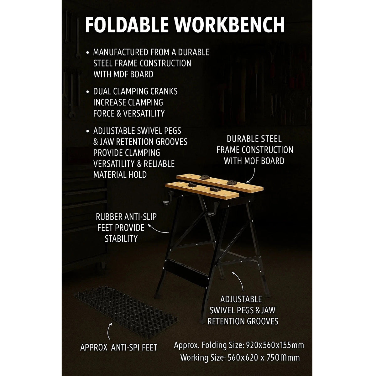 Blackspur Bench n Vice Black 560mm x 100mm x 18mm BNV101 | Foldable Workbench with MDF Top | Durable Steel Frame | Adjustable Swivel Pegs | Dual Clamping Cranks | Anti-Slip Rubber Feet | Compact and Portable Work Table | With Handy on the Job Tool