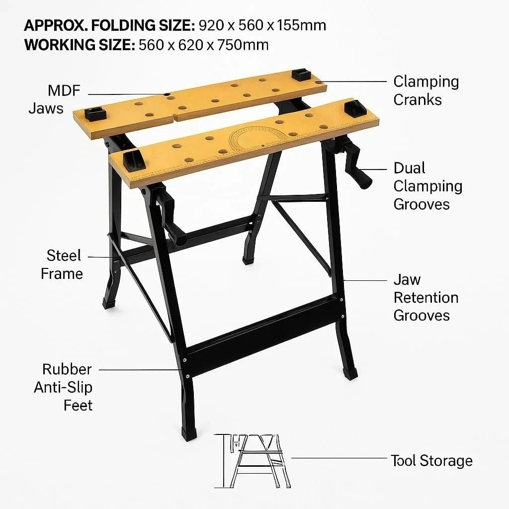 Blackspur Bench n Vice Black 560mm x 100mm x 18mm BNV101 | Foldable Workbench with MDF Top | Durable Steel Frame | Adjustable Swivel Pegs | Dual Clamping Cranks | Anti-Slip Rubber Feet | Compact and Portable Work Table | With Handy on the Job Tool