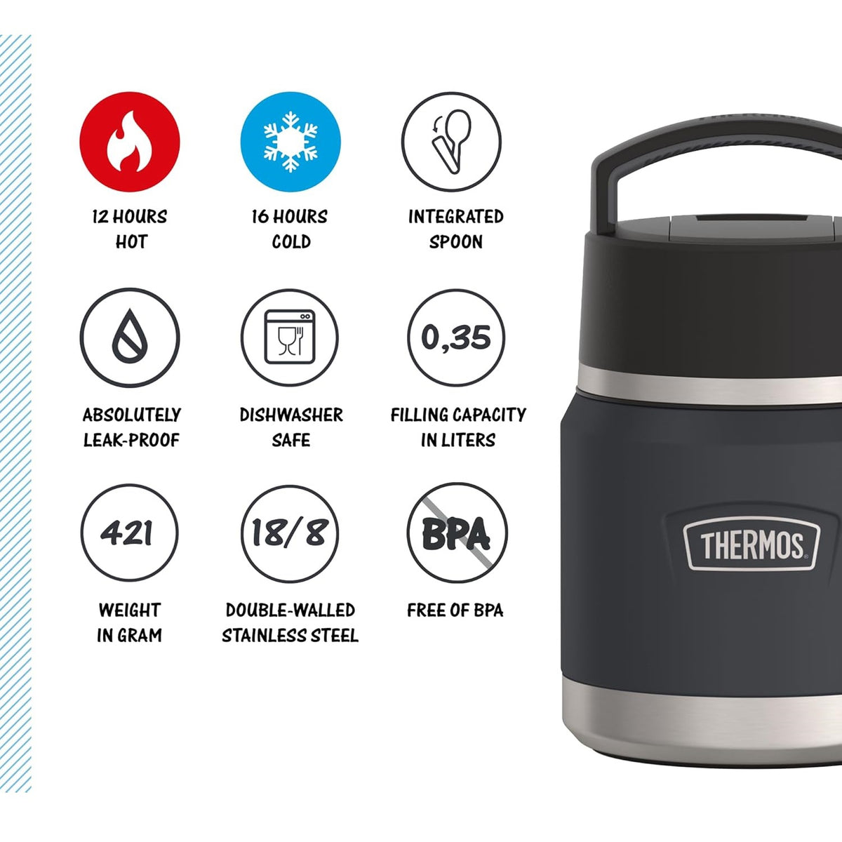 Thermos Icon Series Food Flask with Carry Handle Black 355ml 247216 | Includes Stainless Steel Spoon | Vacuum Insulated Stainless Steel | 8-Hrs Hot and 18-Hrs Cold | Leakproof | Durable and Portable | Non-slip Base | Pressure Relief Stopper