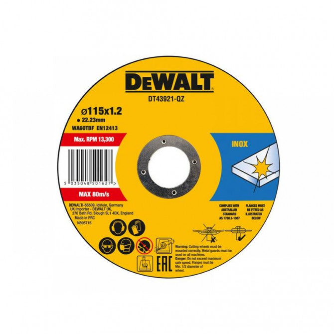 Dewalt Thin Cut Inox Cutting Discs Yellow 115mm x 1.2mm Pack of 10 DT43921-QZ