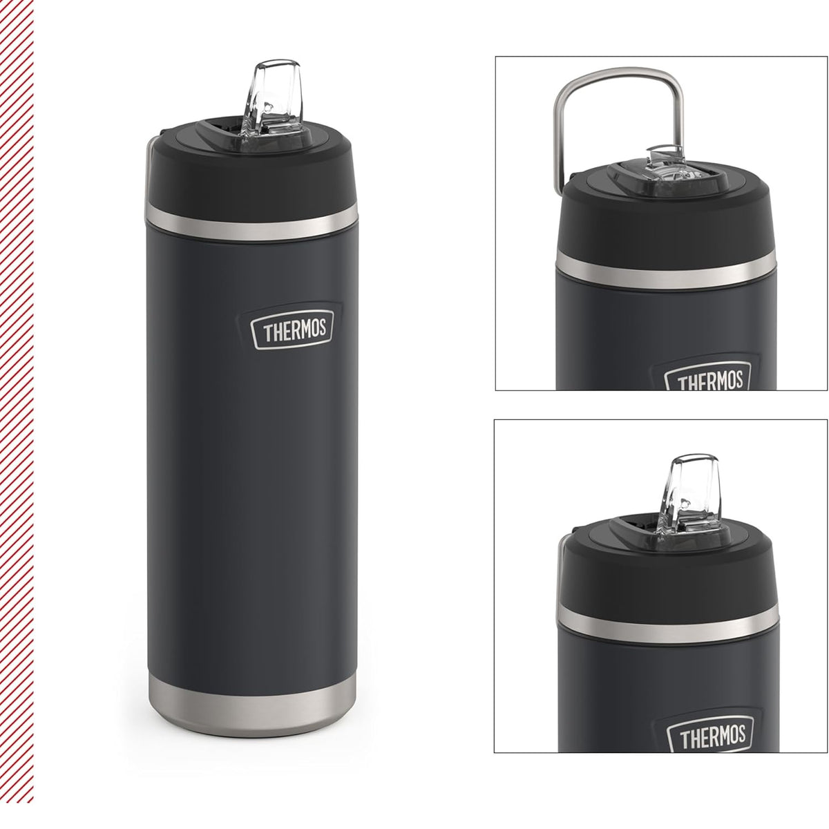 Thermos Icon Series Flip Lid Bottle Granite Black 710ml 230851 | Vacuum Insulated Stainless Steel Flask | Keeps Drinks Cold for 24Hrs | Durable Leak-Proof Travel Water Bottle | Dishwasher Safe | Flip-up Straw | Non-slip Base | Easy Carry Handle