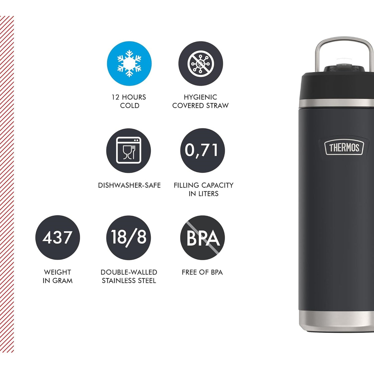 Thermos Icon Series Flip Lid Bottle Granite Black 710ml 230851 | Vacuum Insulated Stainless Steel Flask | Keeps Drinks Cold for 24Hrs | Durable Leak-Proof Travel Water Bottle | Dishwasher Safe | Flip-up Straw | Non-slip Base | Easy Carry Handle