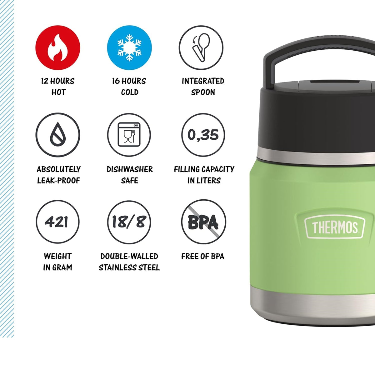 Thermos Icon Series Food Flask with Carry Handle Lime Green 355ml 223553 | Includes Stainless Steel Spoon | Vacuum Insulated Stainless Steel | 8-Hrs Hot and 18-Hrs Cold | Leakproof | Durable and Portable | Non-slip Base | Pressure Relief Stopper