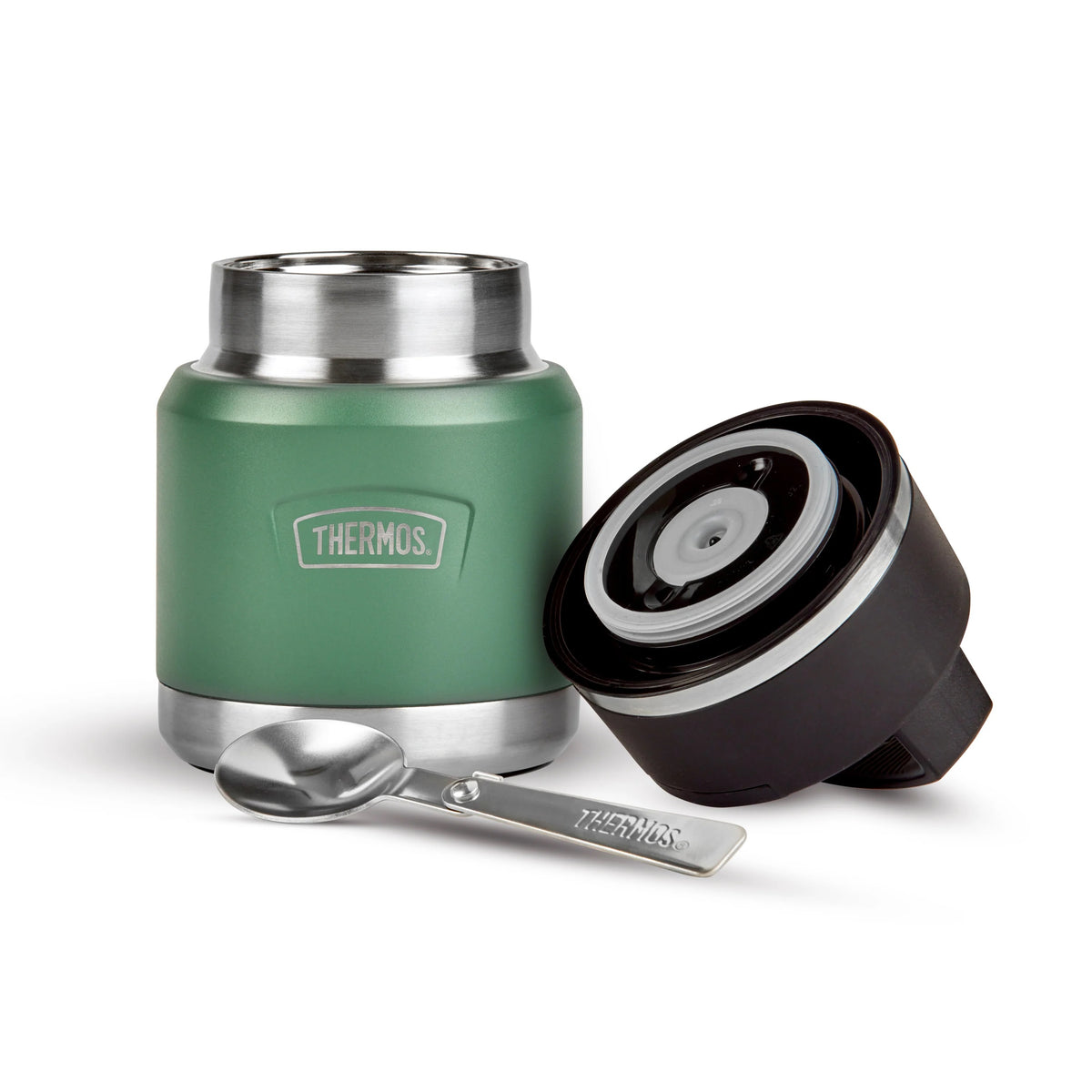 Thermos Icon Series Food Flask with Carry Handle Rock Cap Green 355ml 261212 | Includes Stainless Steel Spoon | Vacuum Insulated Stainless Steel | 8-Hrs Hot and 18-Hrs Cold | Leakproof | Durable and Portable | Non-slip Base | Pressure Relief Stopper