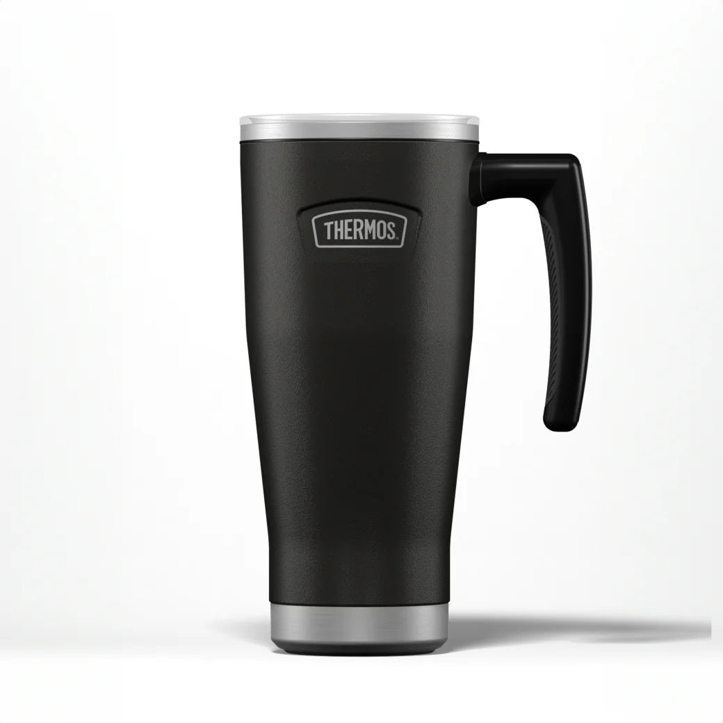 Thermos Icon Series Glide Travel Mug Granite Black 9.7cm x 13.2cm x 21.8cm 530ml 400g 285976 | Vacuum Insulated Stainless Steel Mug | Keeps Drinks Cold for 22Hrs and Hot for 6Hrs | Durable Leak-Proof Travel Water Bottle | Dishwasher Safe | Cup Holder