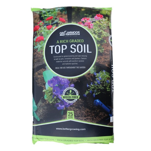 Growmoor A Rich Graded Top Soil Brown 25Ltr TSOIL25LTR | Weed Free Garden Soil | Ideal for Pots-Planters-Lawn Dressing and General Planting | Lime and Chalk Free | With Excellent Aeration and Hydration Qualities