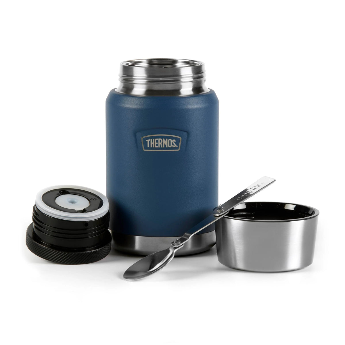 Thermos Icon Series Food Flask Solent Navy 10cm x 10cm x 18.5cm 710ml 510g 230162 | Includes Stainless Steel Spoon | Vacuum Insulated Stainless Steel | 14-Hrs Hot and 24-Hrs Cold | Leakproof | Durable and Portable | Non-slip Base | Insulated Pressure Relief Stopper