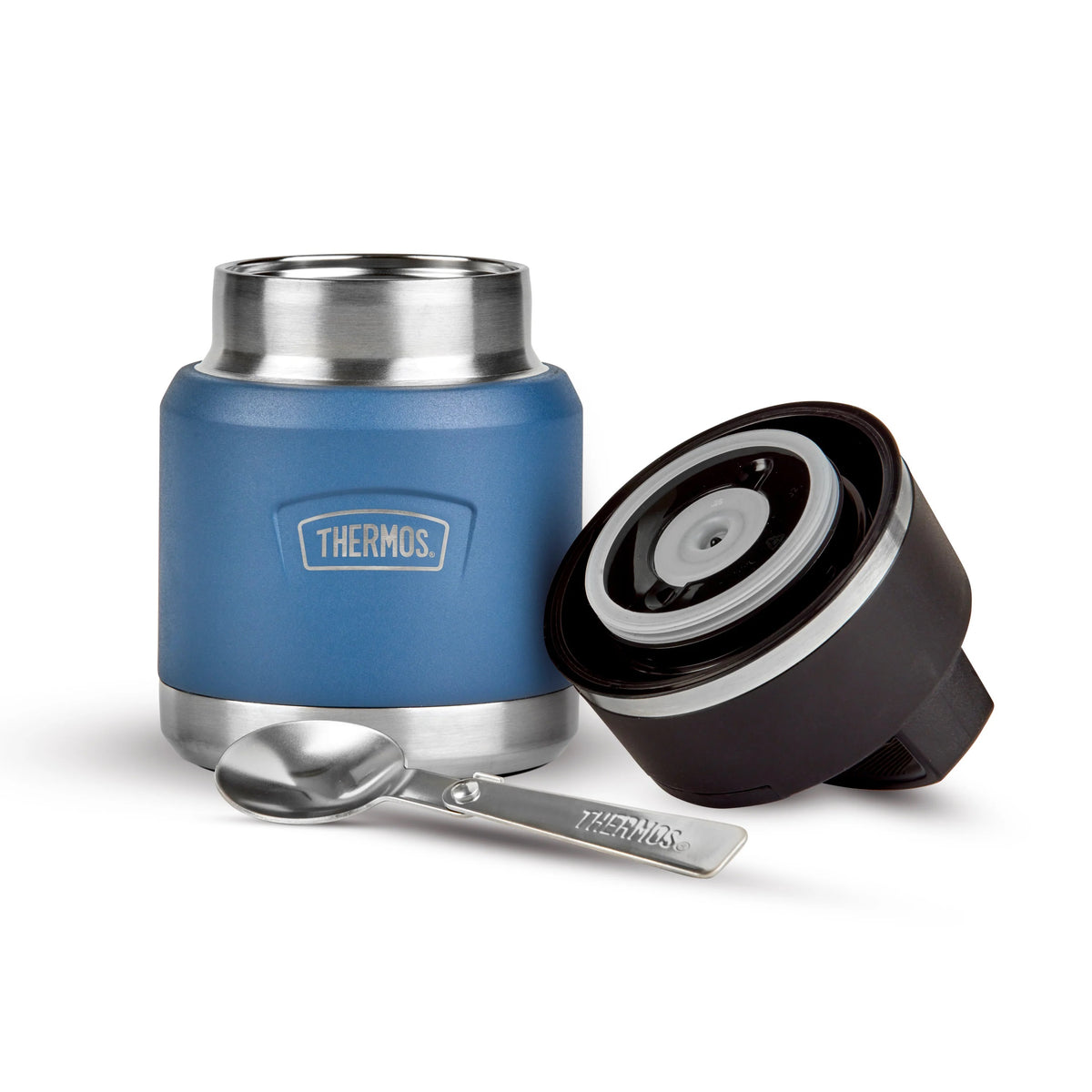 Thermos Icon Series Food Flask with Carry Handle Solent Navy 9.9cm x 9.9cm x 16.2cm 355ml 410g 228195 | Includes Stainless Steel Spoon | Vacuum Insulated Stainless Steel | 8-Hrs Hot and 18-Hrs Cold | Leakproof | Durable and Portable | Non-slip Base | Pressure Relief Stopper