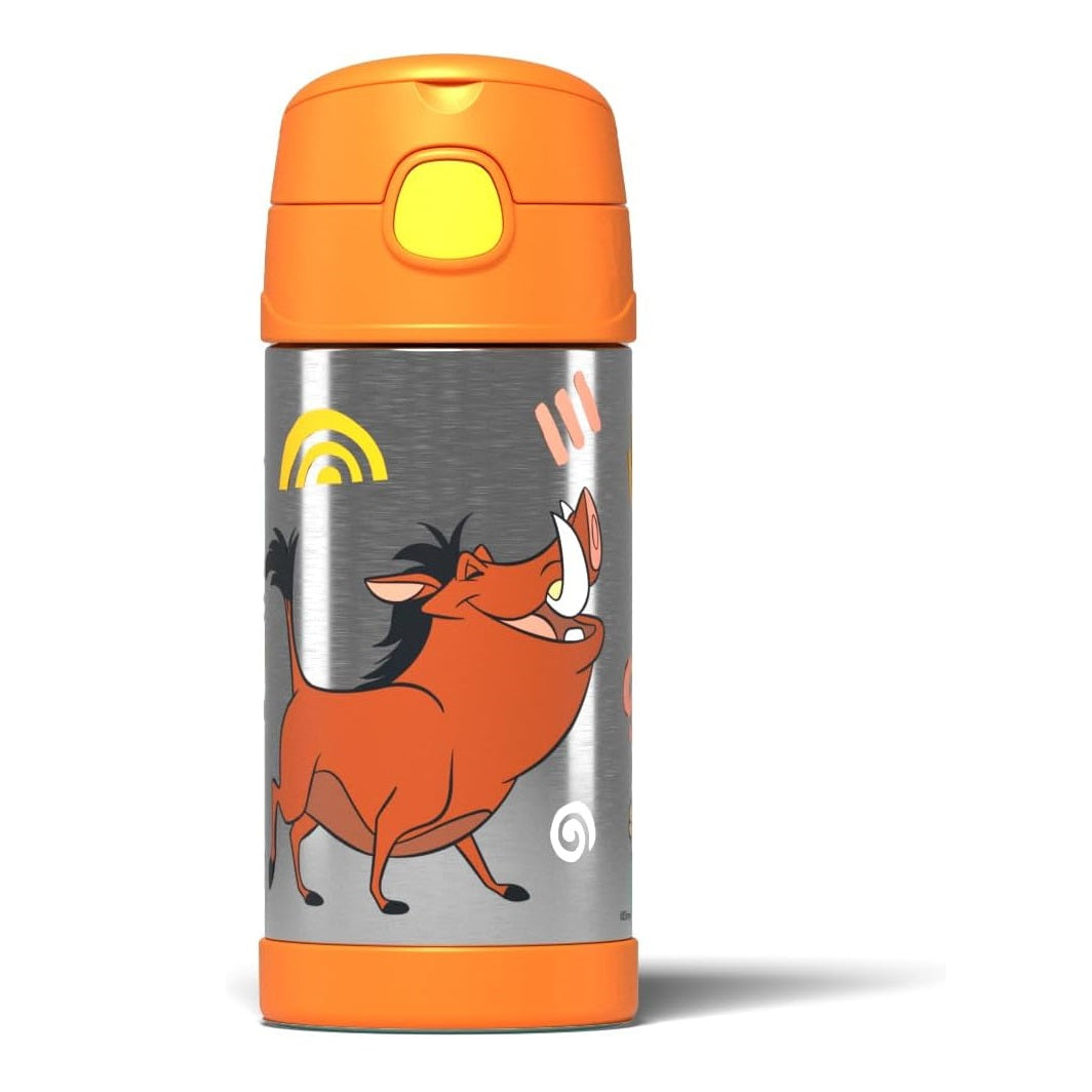 Thermos The Lion King Pumbaa Funtainer Water Bottle Orange 355ml 7.0cm x 7.0cm x 19.0cm 210g 200658 | Stainless Steel Bottle | Vacuum Insulated Kids Water Bottle | Keeps Drinks Cold for 12Hrs | Not for Hot Liquids