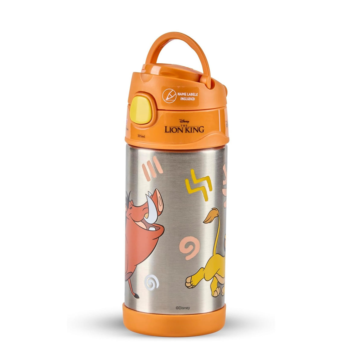 Thermos The Lion King Pumbaa Funtainer Water Bottle Orange 355ml 7.0cm x 7.0cm x 19.0cm 210g 200658 | Stainless Steel Bottle | Vacuum Insulated Kids Water Bottle | Keeps Drinks Cold for 12Hrs | Not for Hot Liquids