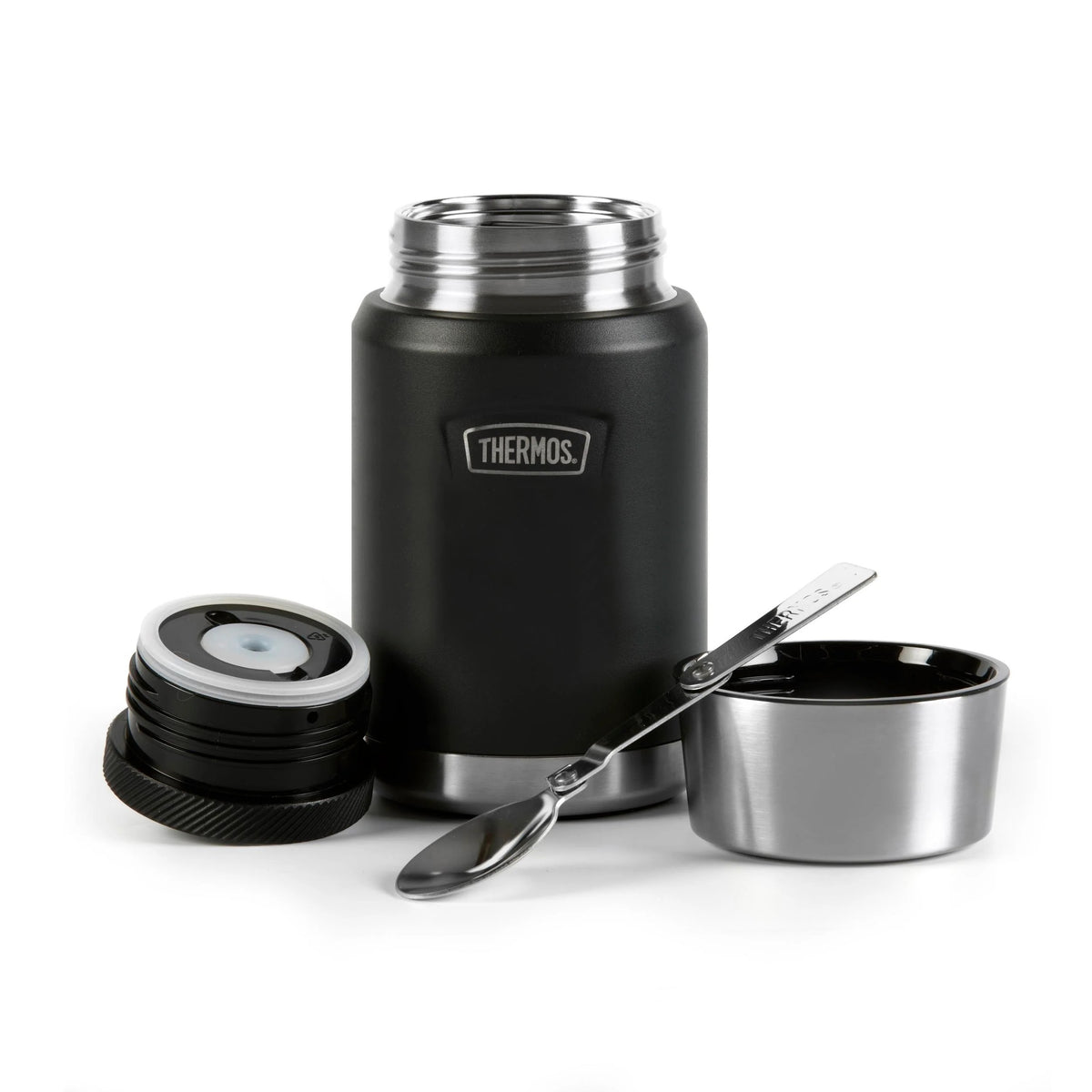 Thermos Icon Series Food Flask Granite Black 10cm x 10cm x 18.5cm 710ml 510g 230155 | Includes Stainless Steel Spoon | Vacuum Insulated Stainless Steel | 14-Hrs Hot and 24-Hrs Cold | Leakproof | Durable and Portable | Non-slip Base | Insulated Pressure Relief Stopper