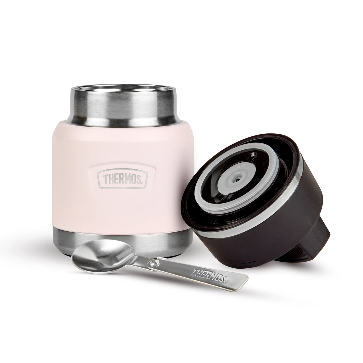 Thermos Icon Series Food Flask with Carry Handle Peony Pink 9.9cm x 9.9cm x 16.2cm 355ml 410g 271512 | Includes Stainless Steel Spoon | Vacuum Insulated Stainless Steel | 8-Hrs Hot and 18-Hrs Cold | Leakproof | Durable and Portable | Non-slip Base | Pressure Relief Stopper