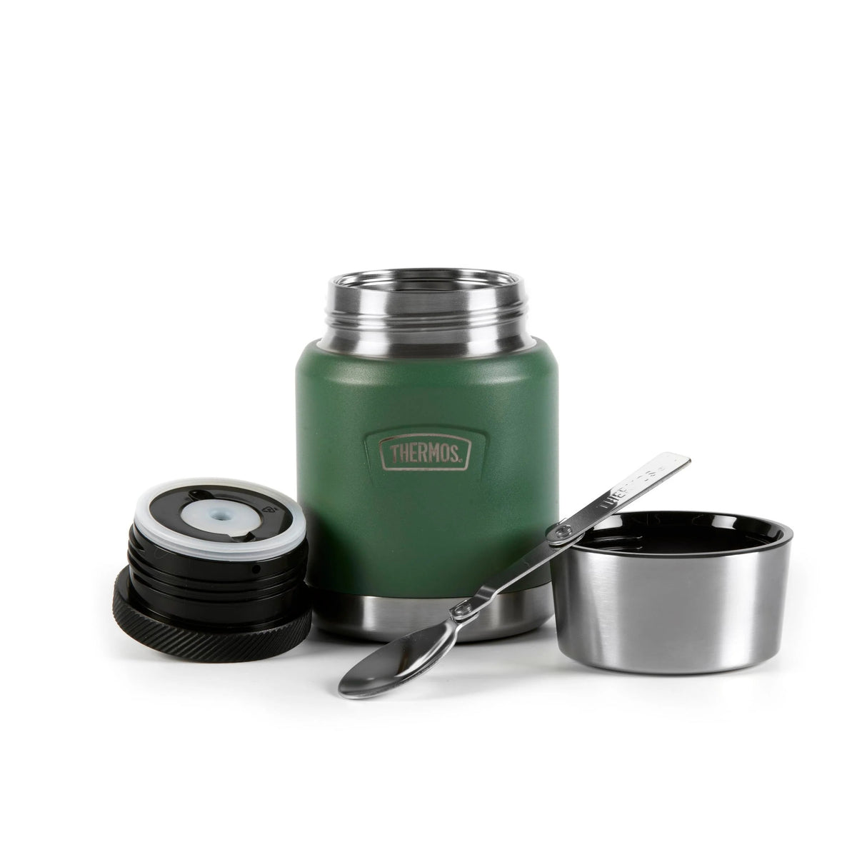 Thermos Icon Series Food Flask Rock Cap Green 10cm x 10cm x 15cm 470ml 460g 230021 | Stow-Away Spoon Storage | Vacuum Insulated Stainless Steel | 10-Hrs Hot and 24-Hrs Cold | Leakproof | Durable and Portable | Non-slip Base | Insulated Pressure Relief Stopper BPA Free | Includes Stainless Steel Spoon