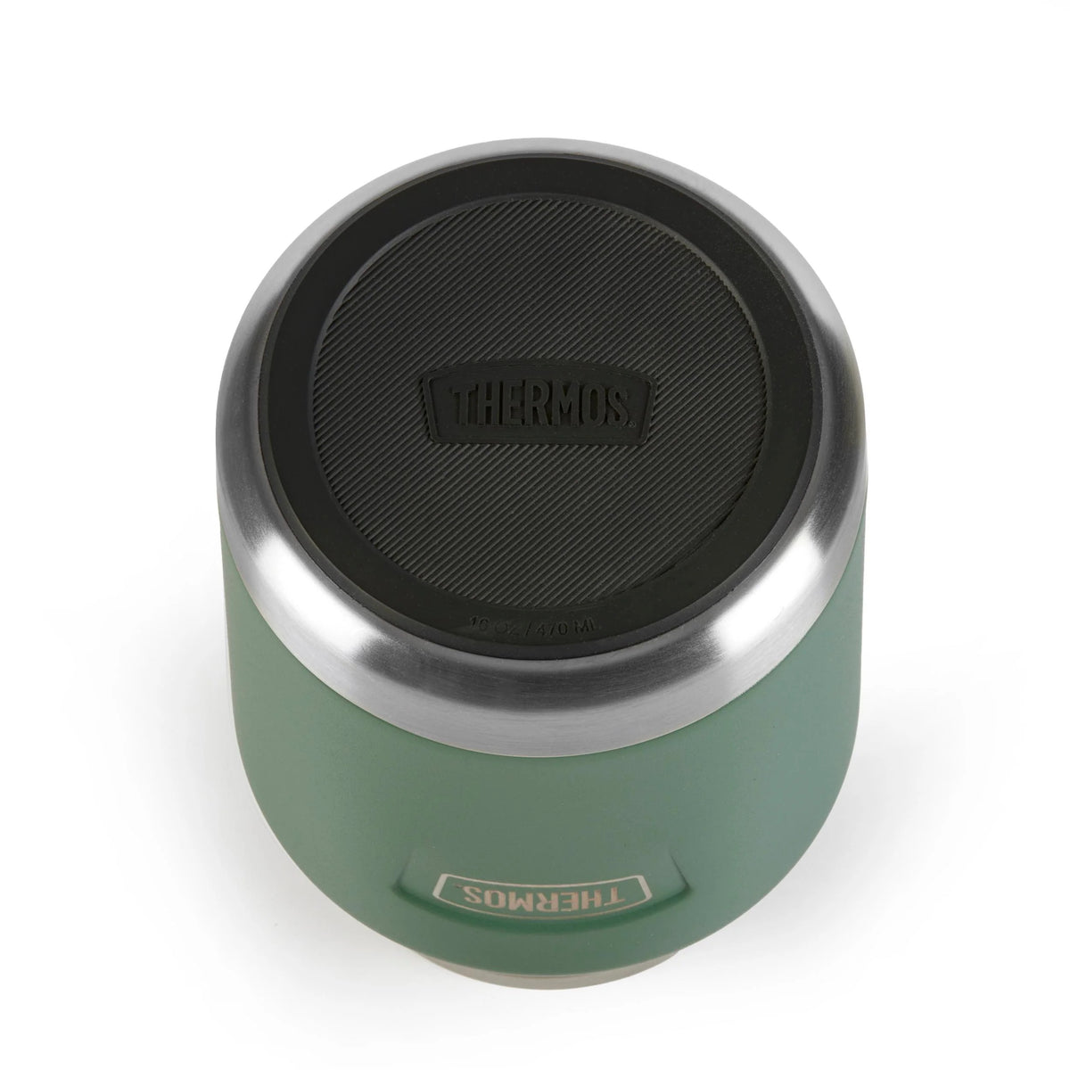 Thermos Icon Series Food Flask Rock Cap Green 10cm x 10cm x 15cm 470ml 460g 230021 | Stow-Away Spoon Storage | Vacuum Insulated Stainless Steel | 10-Hrs Hot and 24-Hrs Cold | Leakproof | Durable and Portable | Non-slip Base | Insulated Pressure Relief