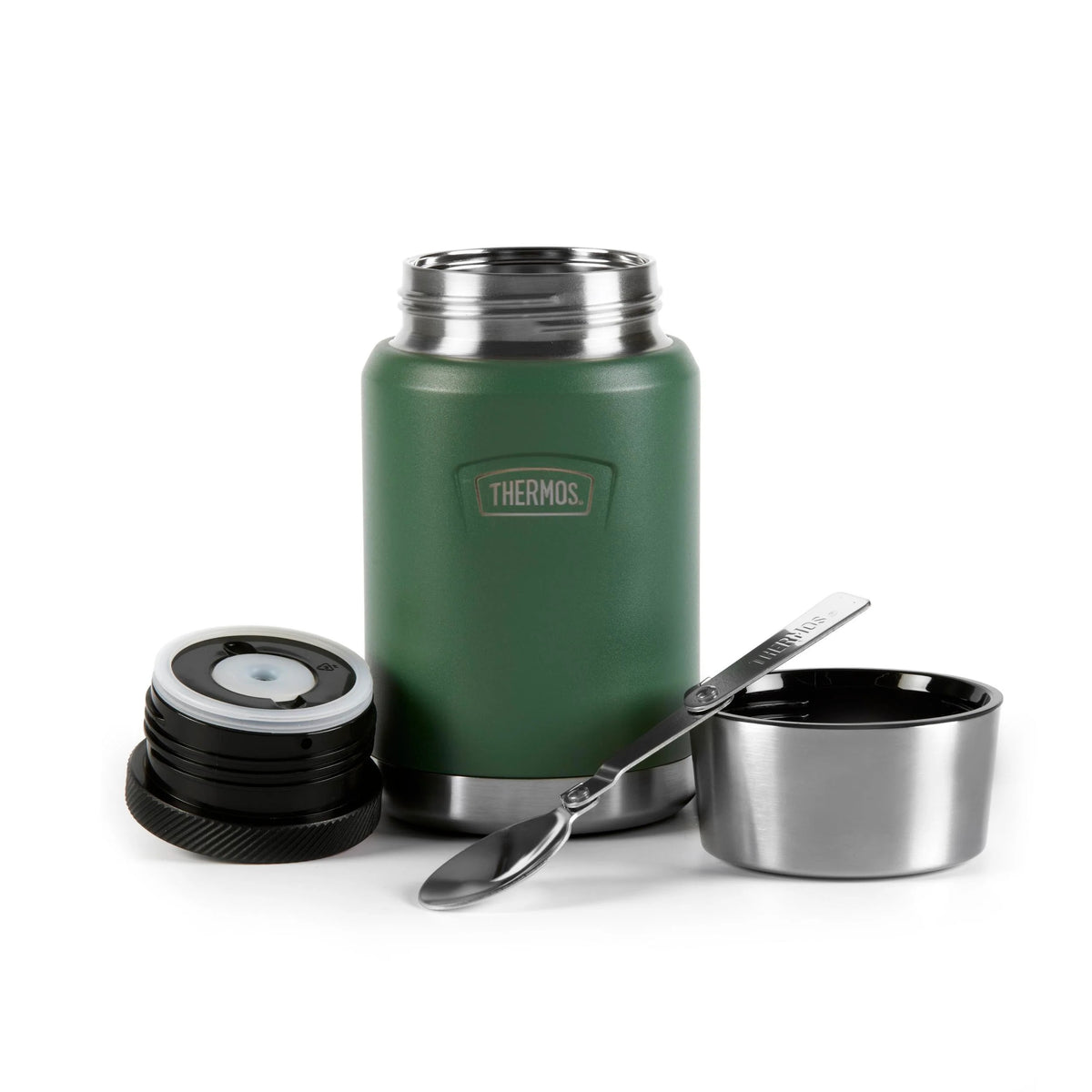Thermos Icon Series Food Flask Rock Cap Green 10cm x 10cm x 18.5cm 710ml 510g 230116 | Includes Stainless Steel Spoon | Vacuum Insulated Stainless Steel | 14-Hrs Hot and 24-Hrs Cold | Leakproof | Durable and Portable | Non-slip Base | Insulated Pressure Relief Stopper