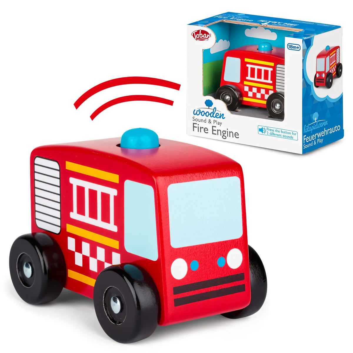Tobar Wooden Sound and Play Fire Engine Multicolour 37878 | Hand to Eye Coordination | Imagination | Understanding the World | Social Skills