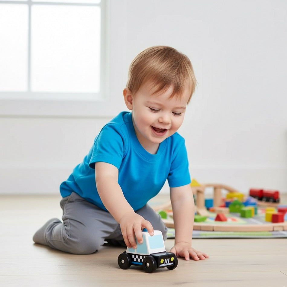 Tobar Wooden Sound and Play Police Car Multicolour H7cm x W6cm x D10cm 37880FSC | Hand to Eye Coordination | Imagination | Understanding the World | Social Skills