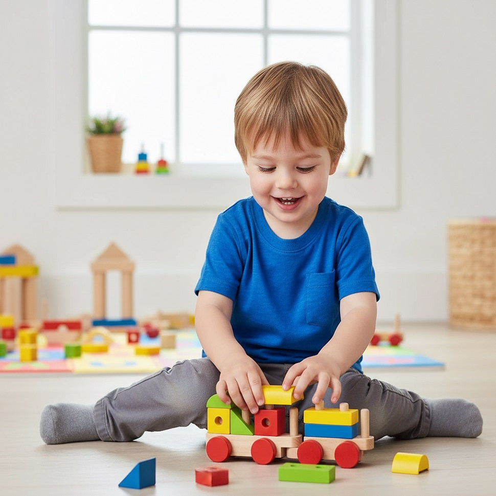 Tobar Wooden Stack and Sounds Train Multicolour H12cm x W37cm x D8cm 36452FSC | Hand to Eye Coordination | Imagination | Problem Solving | Spatial Awareness | Colours and Shapes | Understanding the World | Social Skills