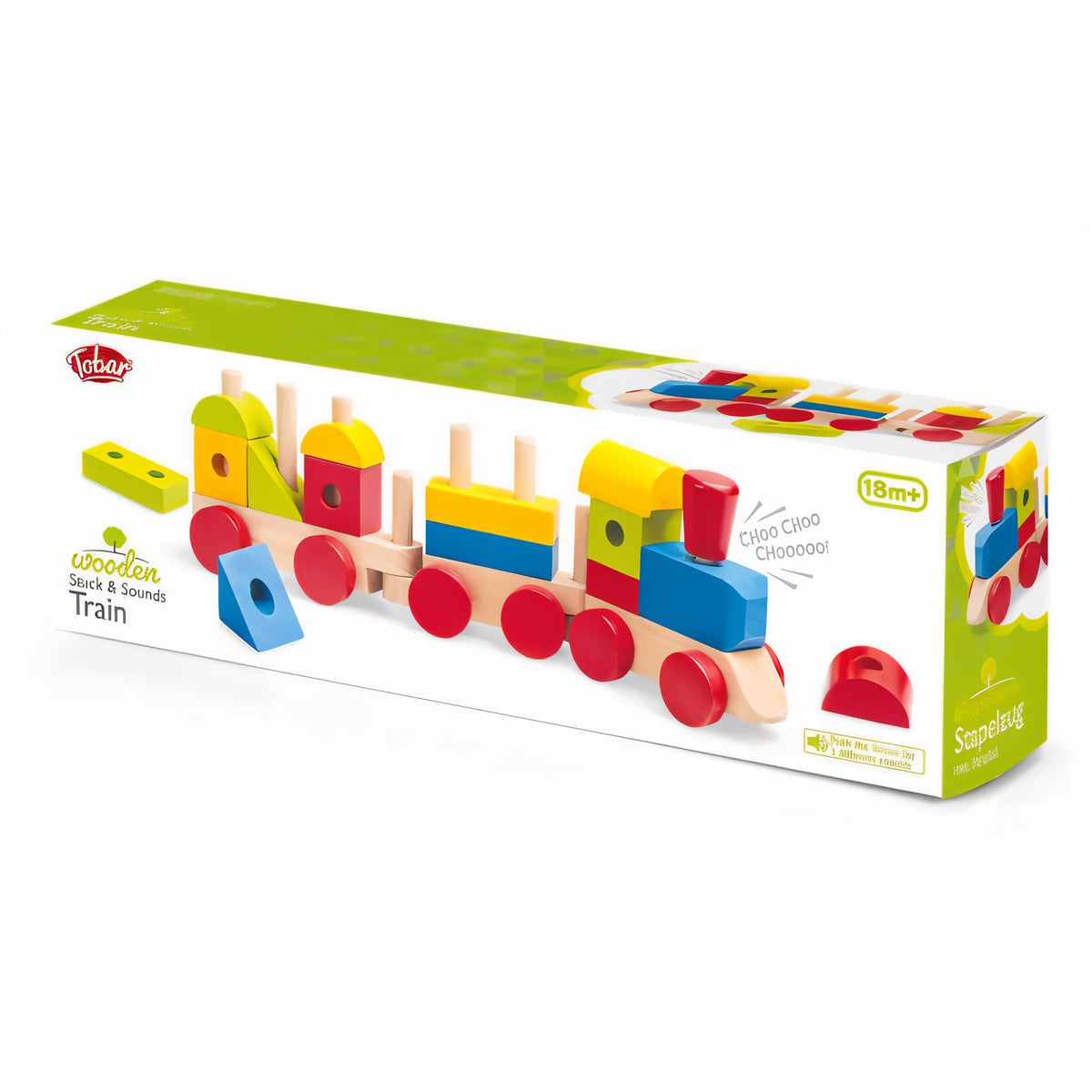 Tobar Wooden Stack and Sounds Train Multicolour H12cm x W37cm x D8cm 36452FSC | Hand to Eye Coordination | Imagination | Problem Solving | Spatial Awareness | Colours and Shapes | Understanding the World | Social Skills