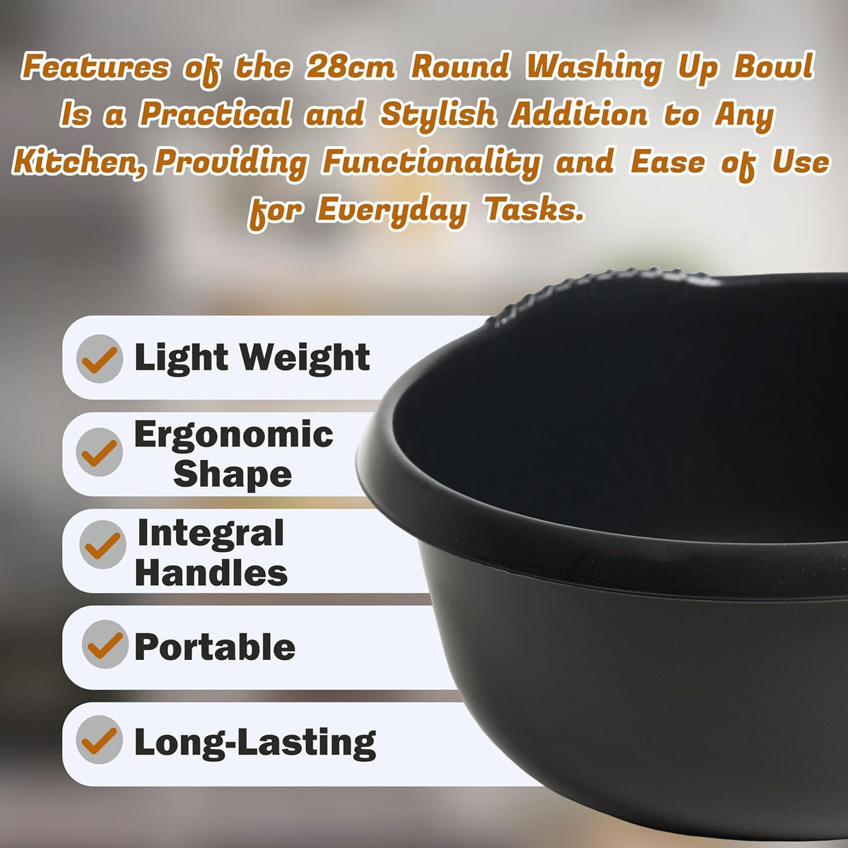 Wham Round Casa Bowl 28cm Midnight Black 17130 | Durable Plastic Mixing and Washing Bowl | Lightweight and Easy to Clean | Ideal for Kitchen-Laundry and Household Use
