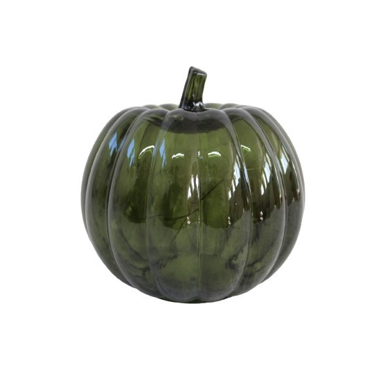 SiL Autumn Led Amber Glass Pumpkin Dark Green 15cm x 15cm x 16.5CM 330g OR8376 | Decorative Fall Ornament | Autumn Decor | For Halloween-Thanksgiving and Seasonal Displays