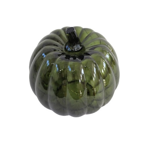 SiL Autumn Led Amber Glass Pumpkin Dark Green 15cm x 15cm x 16.5CM 330g OR8376 | Decorative Fall Ornament | Autumn Decor | For Halloween-Thanksgiving and Seasonal Displays