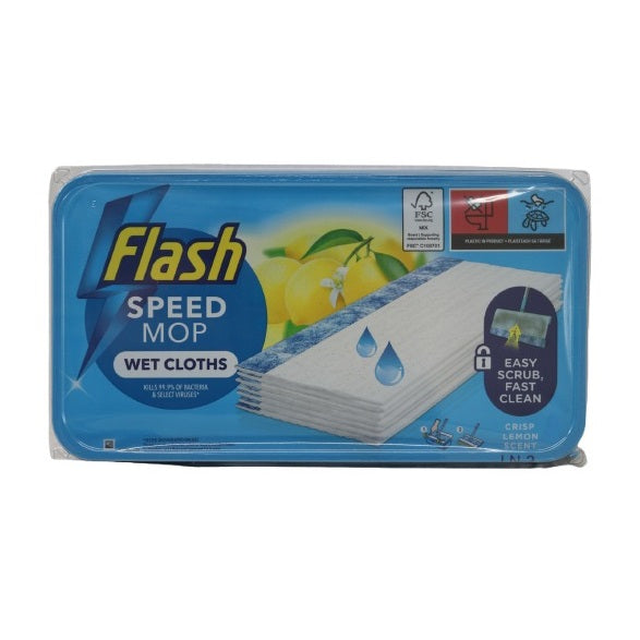 Flash Speed Mop Lemon Wet Cloths Multicoloured Pack of 10 C010089 | Crisp Lemon Scent | Easy Scrub and Fast Clean | Kills Bacteria and Select Viruses