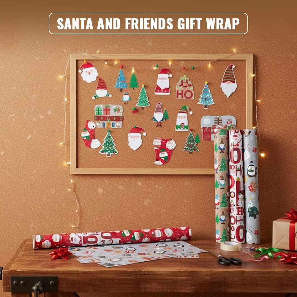 Clairefontaine Eurowrap Recyclable Christmas Cute Festive Gift Wrap Multicoloured 4Mtr x 70cm Pack of 1 X-36443-GWC | Assorted Designs | Santa-Gonk-Ho Ho Ho and Characters | Perfect for Holiday Presents