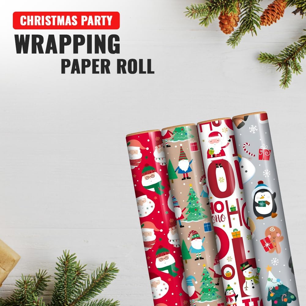 Clairefontaine Eurowrap Recyclable Christmas Cute Festive Gift Wrap Multicoloured 4Mtr x 70cm Pack of 1 X-36443-GWC | Assorted Designs | Santa-Gonk-Ho Ho Ho and Characters | Perfect for Holiday Presents