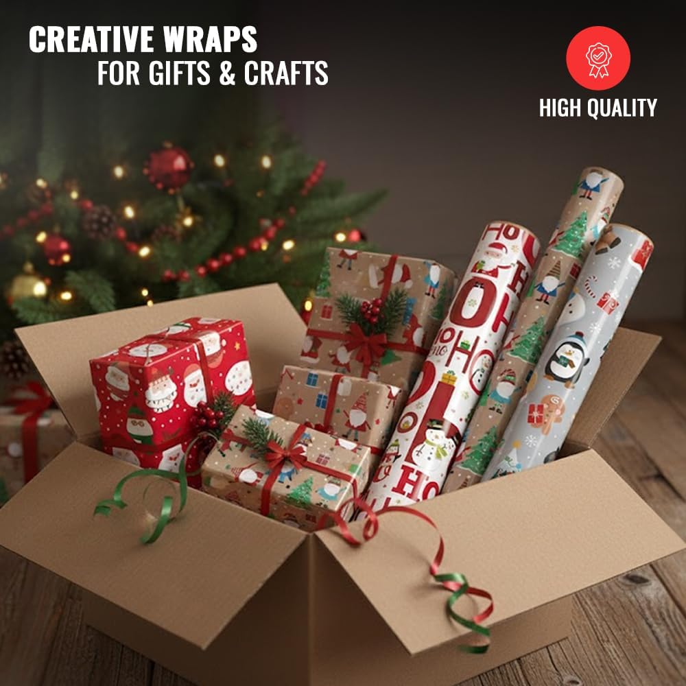 Clairefontaine Eurowrap Recyclable Christmas Cute Festive Gift Wrap Multicoloured 4Mtr x 70cm Pack of 1 X-36443-GWC | Assorted Designs | Santa-Gonk-Ho Ho Ho and Characters | Perfect for Holiday Presents