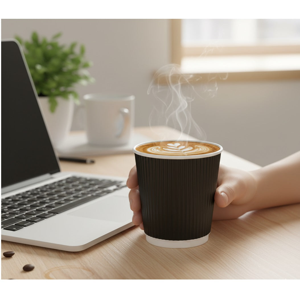 Ecowise Ripple Coffee Cups Black 120ml Pack of 24 EC-0980 | 100 Percent Natural and Recyclable | Product Made from Sustainable Sources