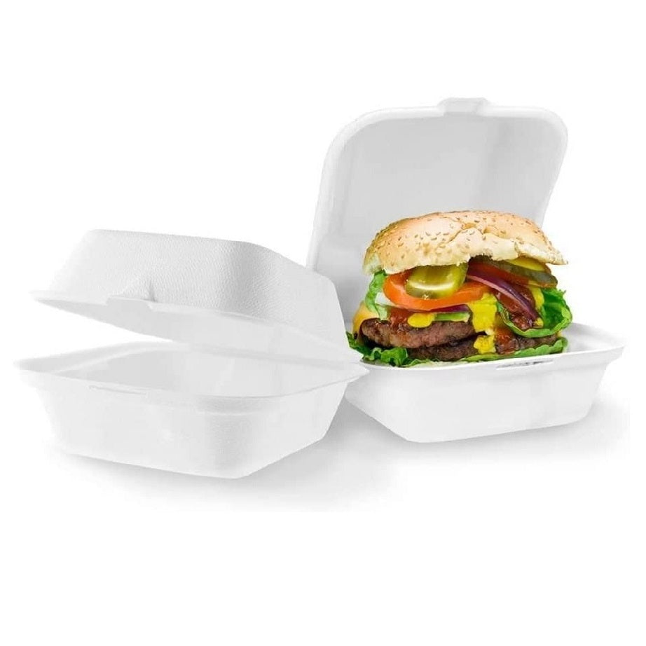 Ecowise Clamshell Burger Box White 6-Inch Pack of 50 EC-0966 | 100 Percent Compostable and Biodegradable