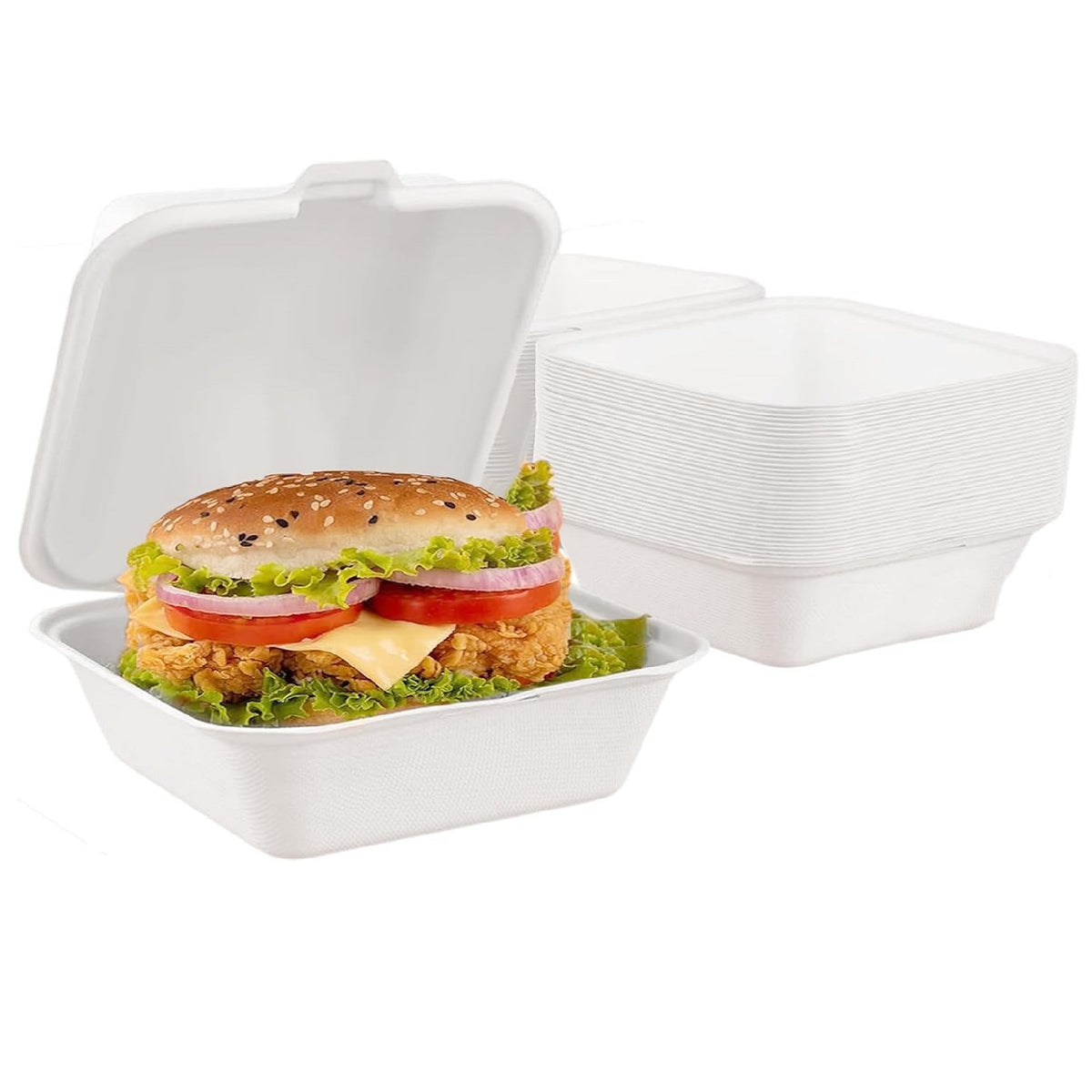 Ecowise Clamshell Burger Box White 6-Inch Pack of 50 EC-0966 | 100 Percent Compostable and Biodegradable