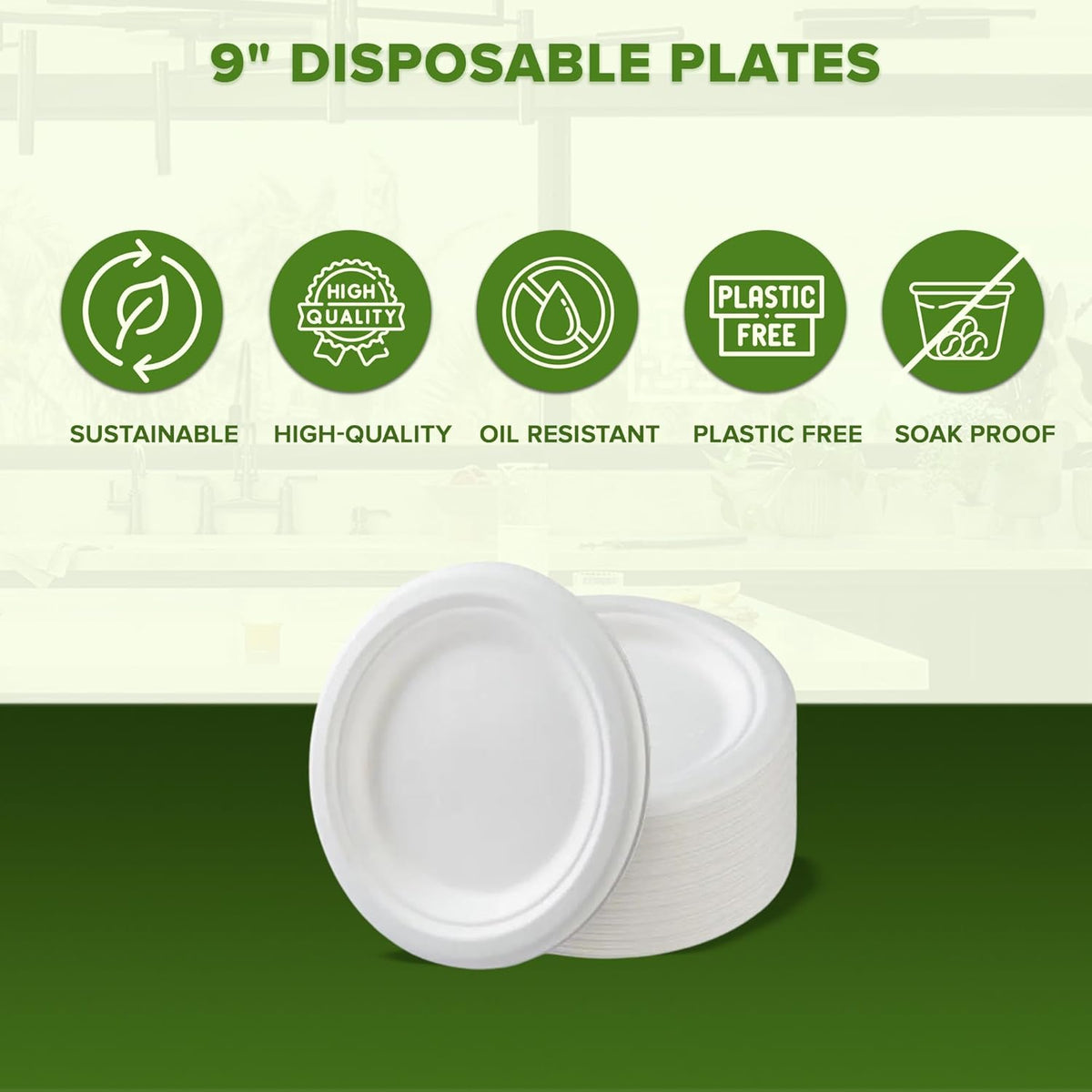 Ecowise Extra Strong Bagasse Plates White 9-Inch Pack of 50 EC-0065 | Made from Sugarcane Fibre | 100 Percent Compostable and Biodegradable