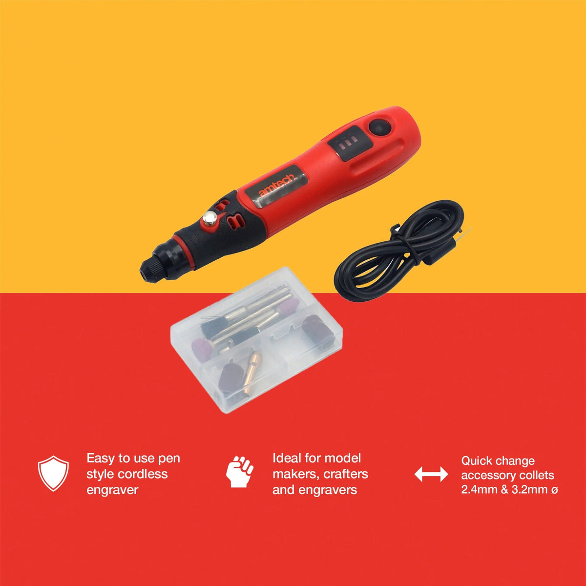 Amtech USB Rechargeable Mini Engraver Red and Black 3.6V V2546 | Easy to Use Pen Style Cordless Engraver | Ideal for Model Makers - Crafters and Engravers | Quick Change Accessory Collects 2.4mm and 3.2mm