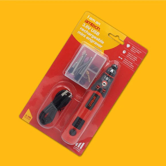 Amtech USB Rechargeable Mini Engraver Red and Black 3.6V V2546 | Easy to Use Pen Style Cordless Engraver | Ideal for Model Makers - Crafters and Engravers | Quick Change Accessory Collects 2.4mm and 3.2mm