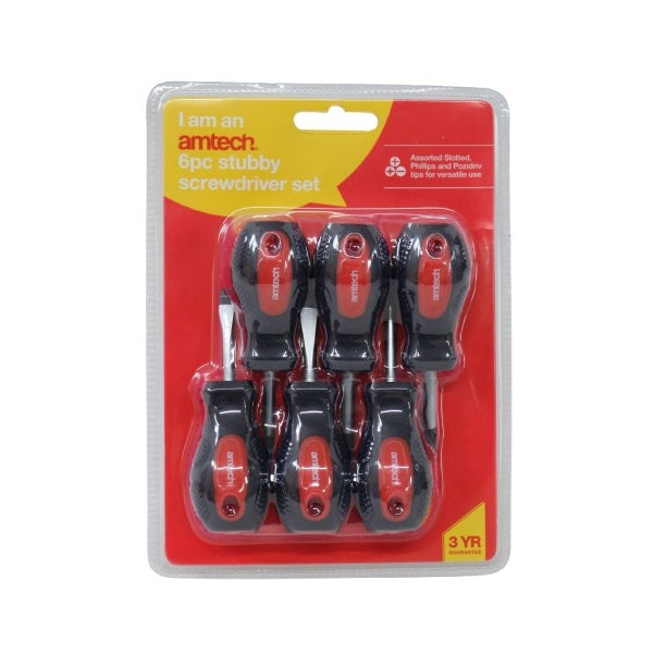 Amtech Stubby Screwdriver Set Red and Black Pack of 6 L0335 | Assorted Slotted | Soft Grip | Phillips and Pozidriv Tips | Versatile Use | Vanadium Steel for Long-lasting Use | Slotted - 5mm x 38mm | 6mm x 38mm | Phillips - PH1 x 38mm | PH2 x 38mm | Pozidriv  - PZ1 x 38mm | PZ2 x 38mm