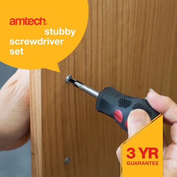 Amtech Stubby Screwdriver Set Red and Black Pack of 6 L0335 | Assorted Slotted | Soft Grip | Phillips and Pozidriv Tips | Versatile Use | Vanadium Steel for Long-lasting Use | Slotted - 5mm x 38mm | 6mm x 38mm | Phillips - PH1 x 38mm | PH2 x 38mm