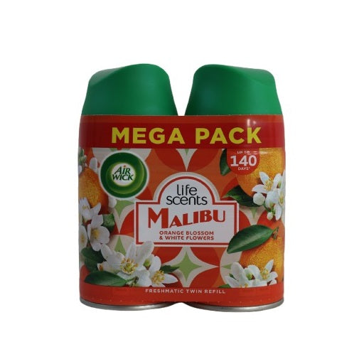 Air Wick Life Scents Malibu Freshmatic Refill Multicoloured Pack of 2 HOAIR1079 | Orange Blossom and White Flowers | Up to 140 Days of Freshness | Infused with Natural Essential Oils